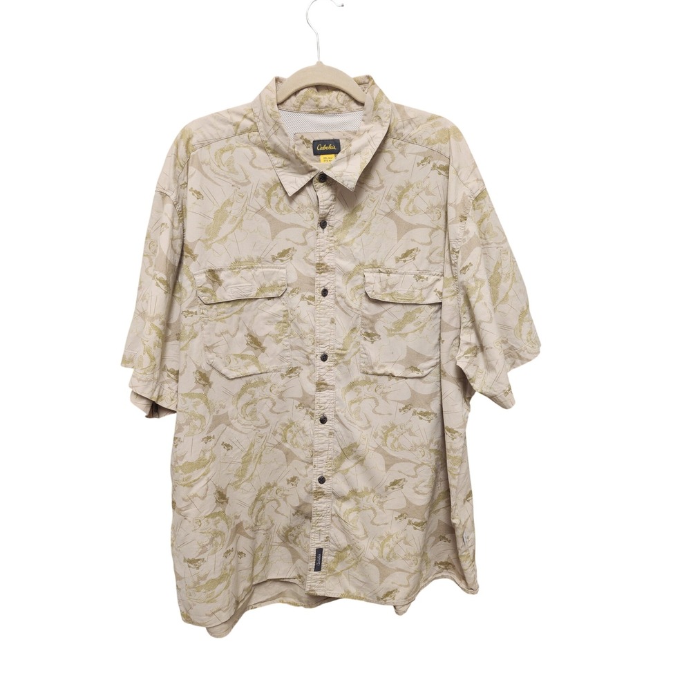 Cabelas Mens 3XL Fishing Shirt Short Sleeve Button Down Fish Print Ventilated